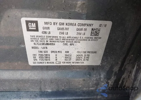 2018 Chevrolet Trax Lt из США, поврежденный, VIN KL7CJLSB3JB646954